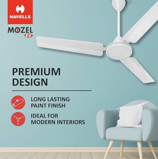 Havells 1200mm Mozel ES Ceiling Fan | Best in class base fan,High Air Delivery, Energy Saving, 100% Pure Copper Motor | 2 Year Warranty | (Pack of 1, Elegant White) - Image 4